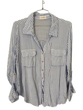 The Nines Shirt Plus Size 3X Striped Button Front Long Sleeve Blue White Office